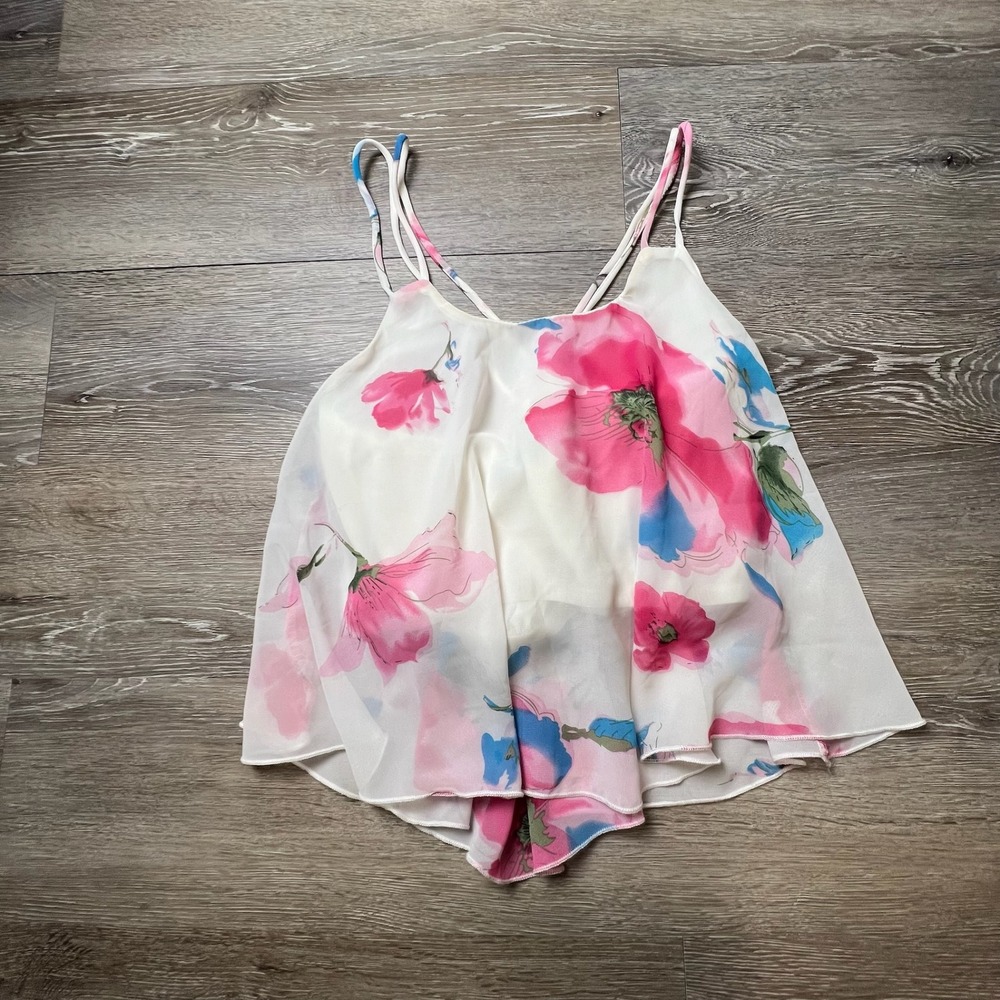 Interi Floral‎ Camisole Womens Small White Pink Chiffon Layered Strappy Tank Top